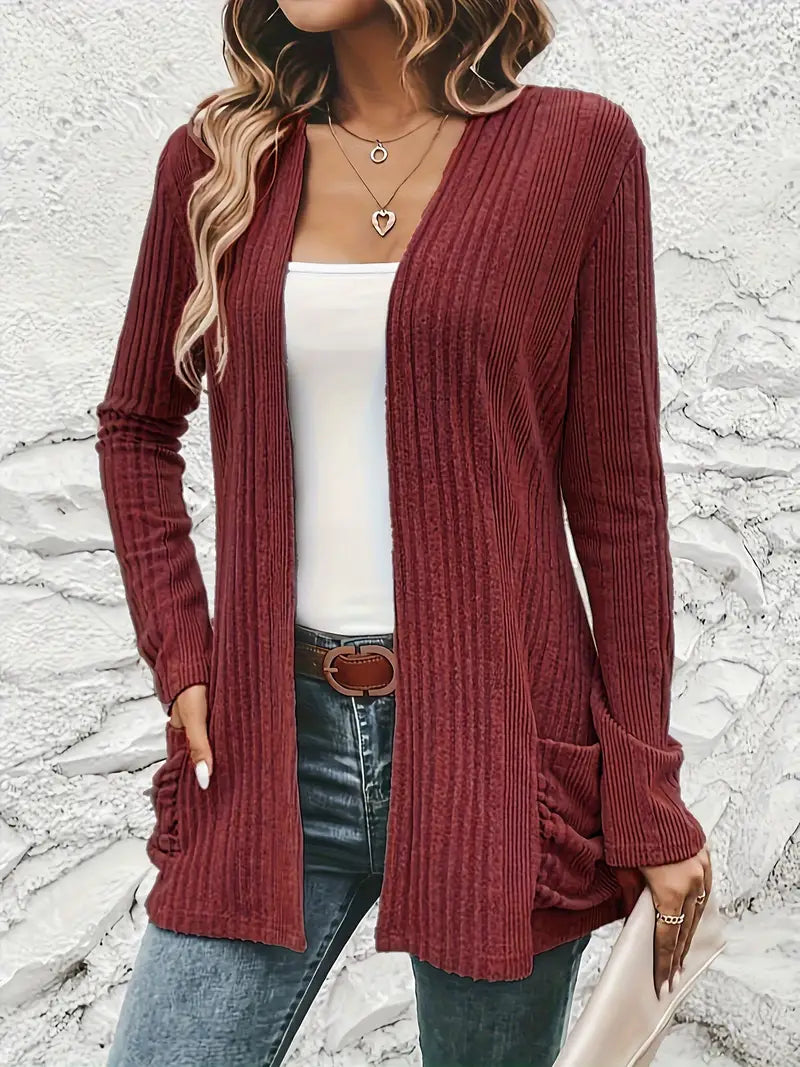 Solid Open Front Rib Knit Cardigan